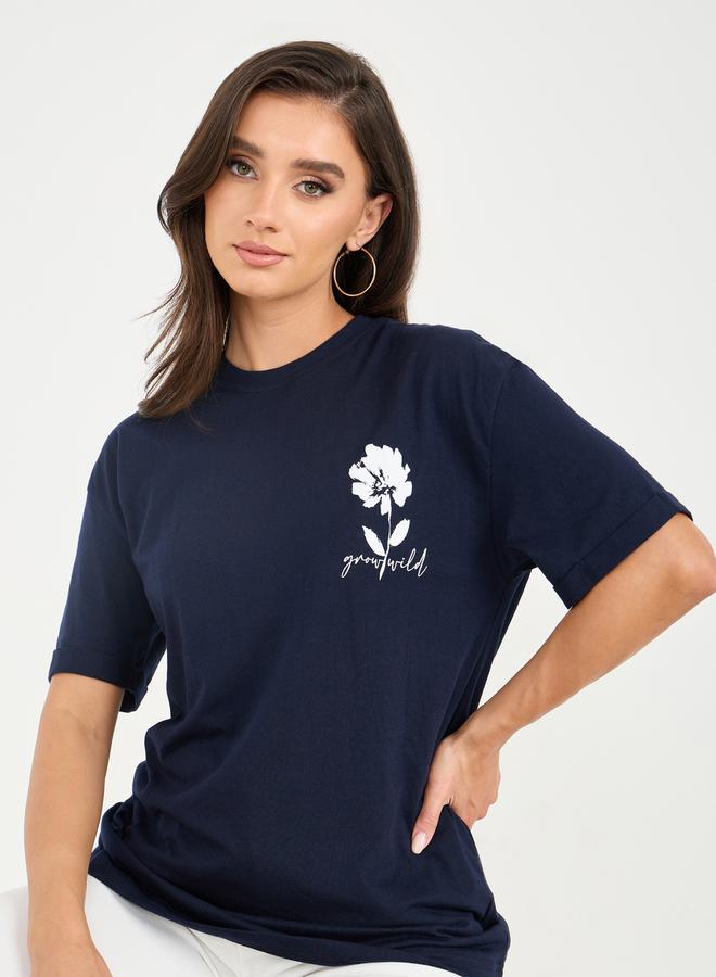 Styli Oversized Floral Placement Print T-Shirt with Roll Up Sleeves - Image 2